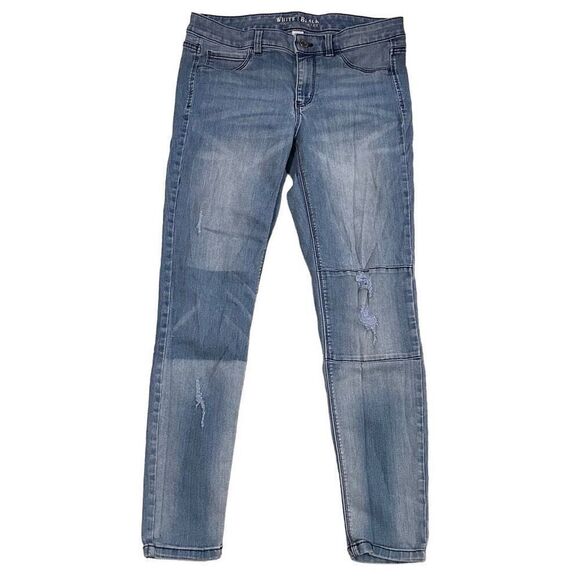 White House Black Market Denim Leggings Faded Medium Wash Knee Patch Size Med - Picture 1 of 5